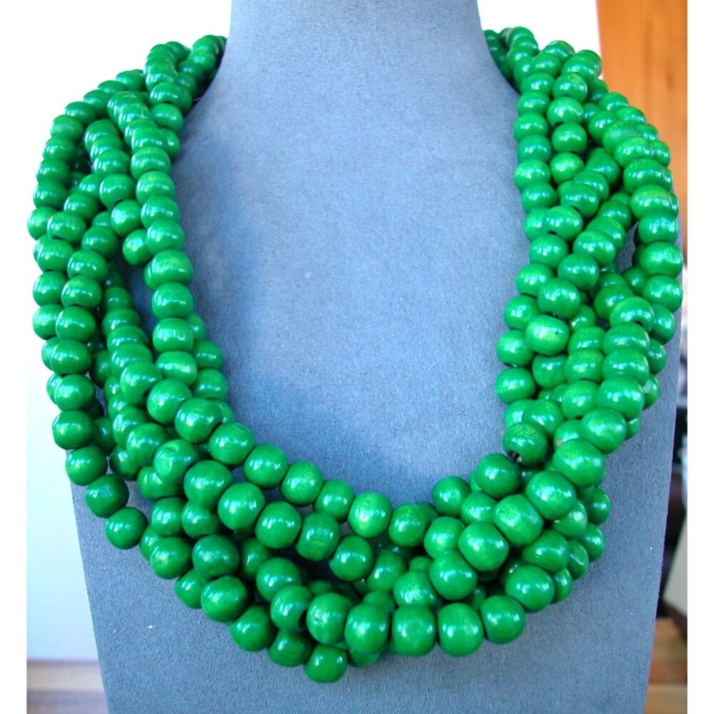 Handcrafted Green Wooden Beaded Multi-Strand Necklace 30" Length